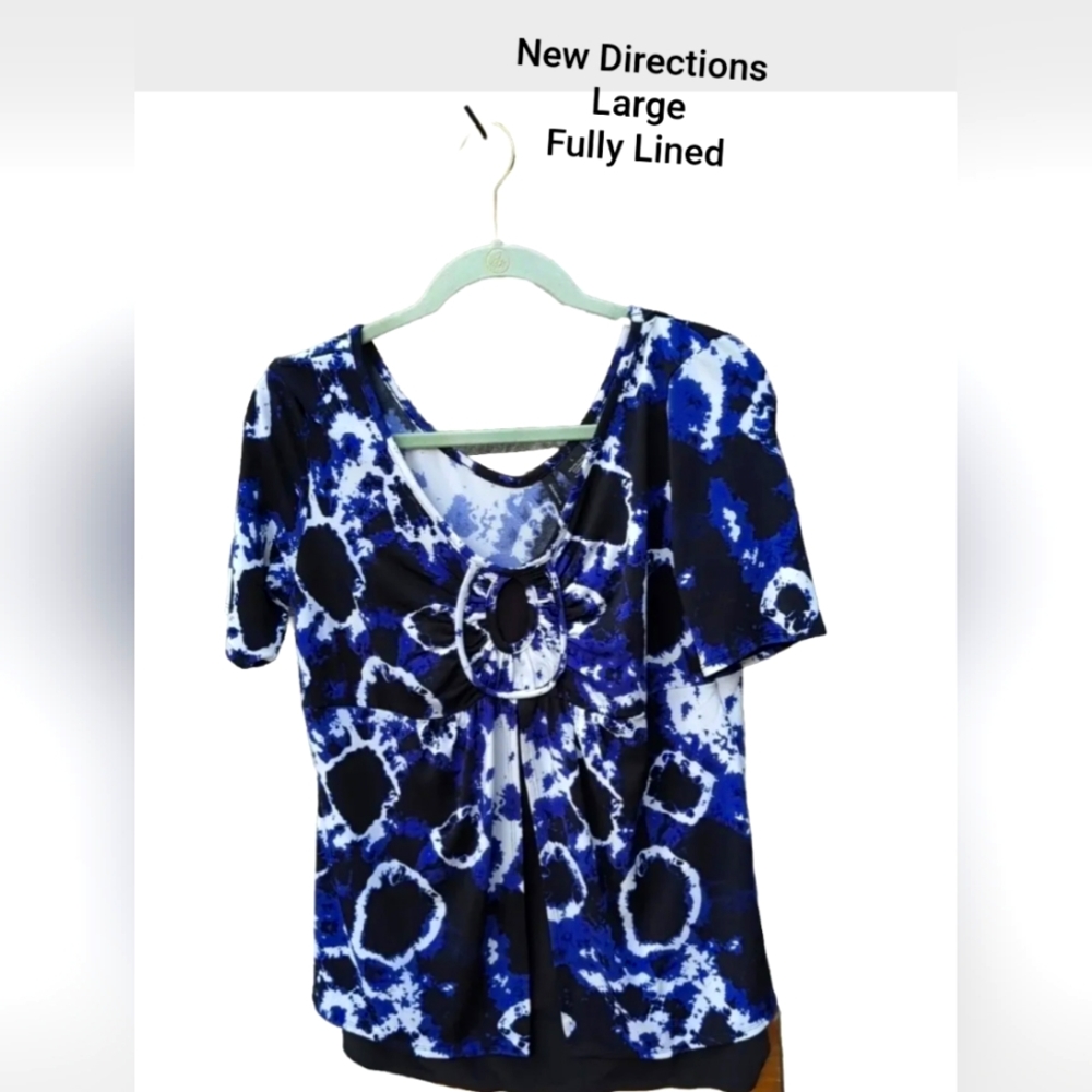 New Directions  Women Black/Blue/White Short Sleeve Blouse Large Poly/Spandex